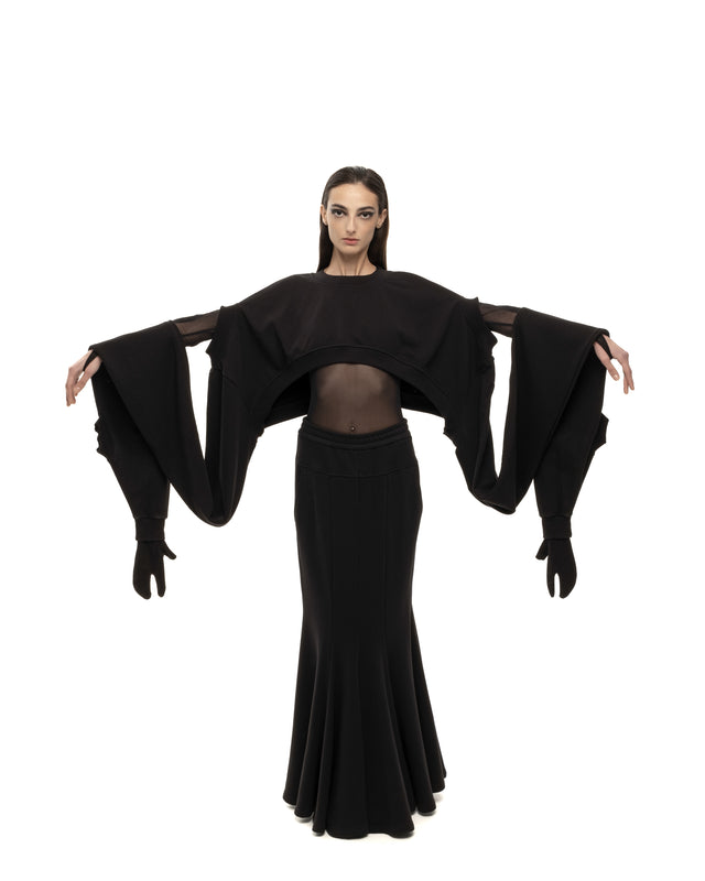 RETENTION BLACK CROPPED SWEATSHIRT WITH EXAGGERATED LONG SLEEVES WITH TABI GLOVES