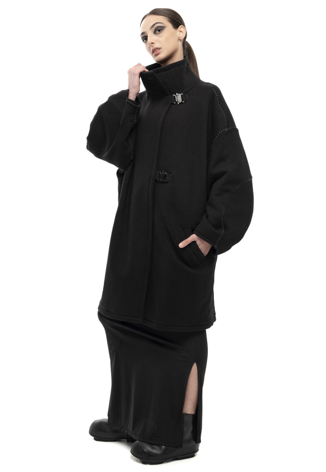 RETENTION BLACK OVERSIZED MID-LENGTH BALLOON-SHAPE SLEEVES COAT