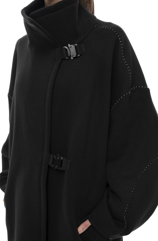 RETENTION BLACK OVERSIZED MID-LENGTH BALLOON-SHAPE SLEEVES COAT