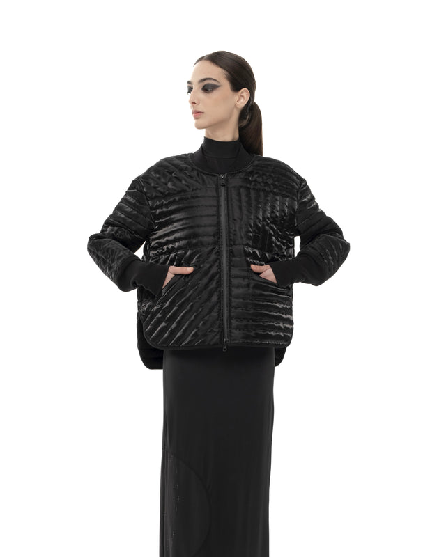 RETENTION BLACK PADDED LIQUID QUILTED CROPPED JACKET
