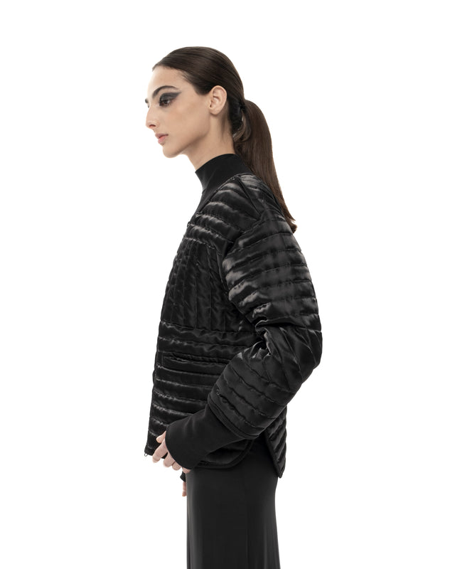 RETENTION BLACK PADDED LIQUID QUILTED CROPPED JACKET