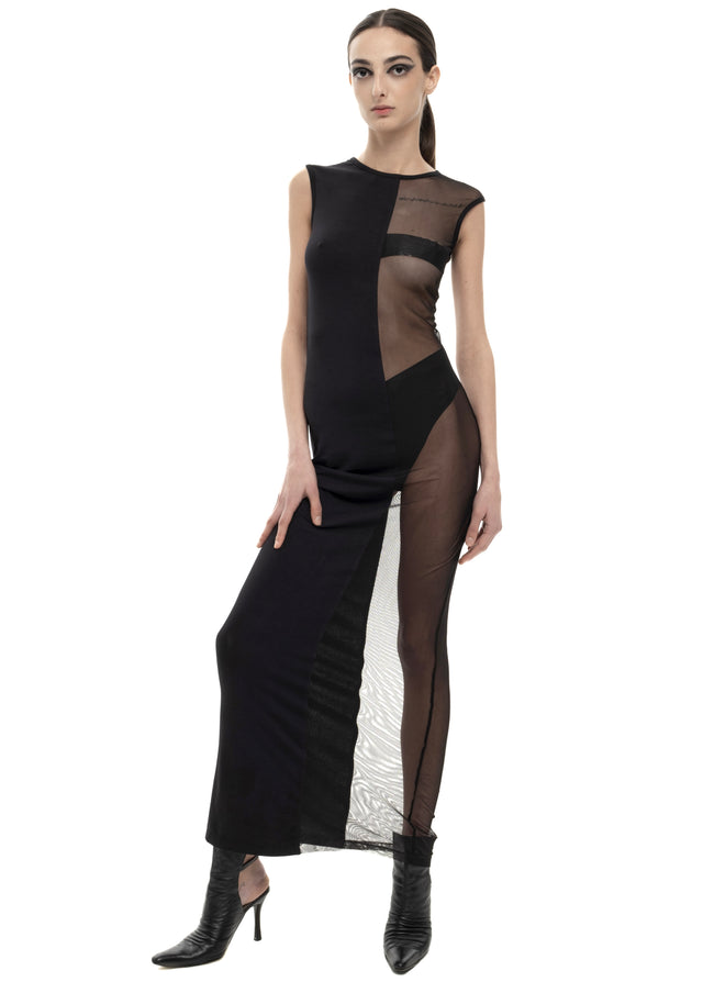 RETENTION BLACK SLEEVELESS HALF-AND-HALF MAXI DRESS