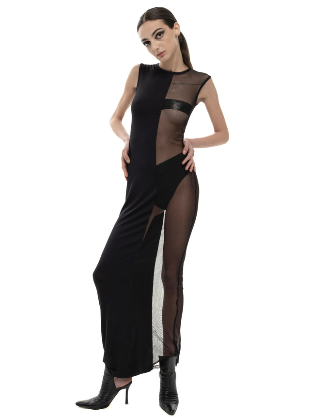 RETENTION BLACK SLEEVELESS HALF-AND-HALF MAXI DRESS