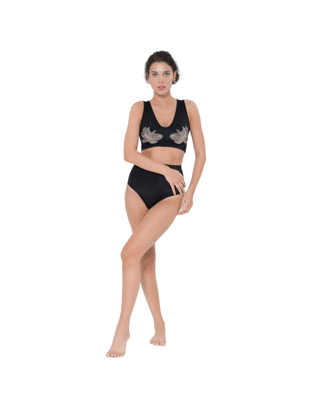 ÉTHER EMBROIDERED BLACK BIKINI BOTTOM