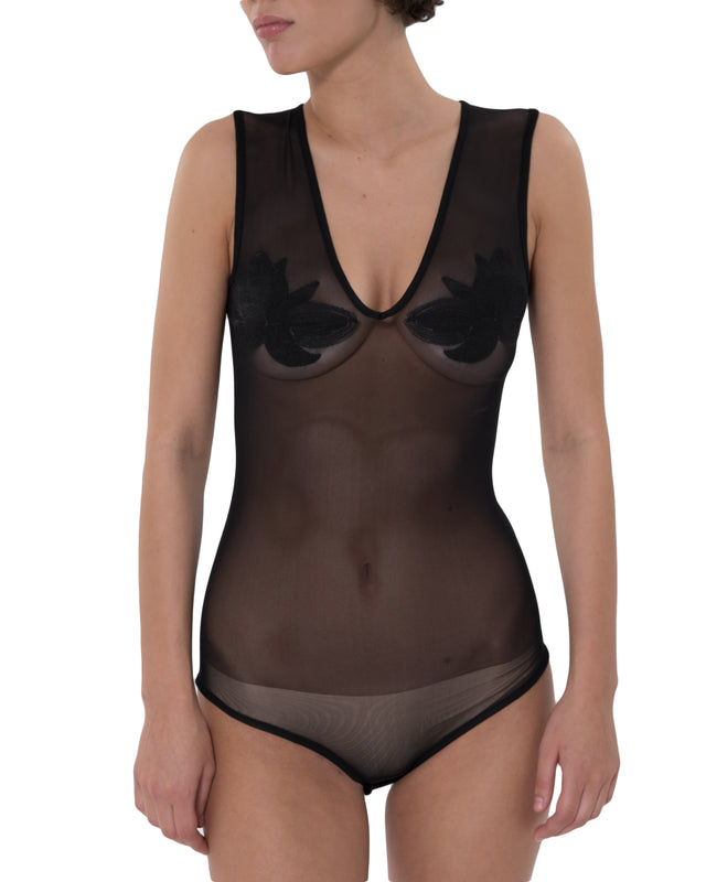 ÉTHER BLACK SHEER EMBROIDERED V BODYSUIT