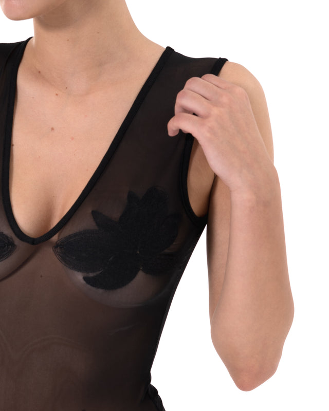 ÉTHER BLACK SHEER EMBROIDERED V BODYSUIT