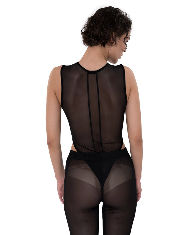 ÉTHER BLACK SHEER HIGH CUT BODYSUIT