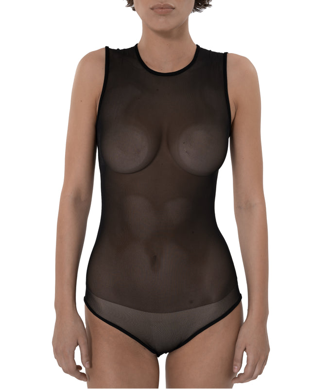 ÉTHER BLACK SHEER ROUND NECK BODYSUIT