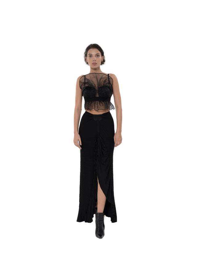 ÉTHER STITCHED BLACK WRAP JERSEY SKIRT