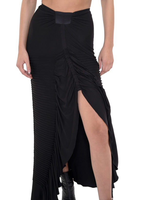 ÉTHER STITCHED BLACK WRAP JERSEY SKIRT