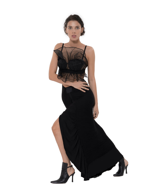 ÉTHER STITCHED BLACK WRAP JERSEY SKIRT