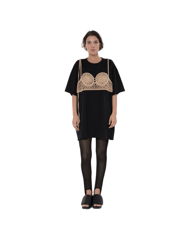 ÉTHER BLACK OVERSIZED TEE WITH CROCHET BRA DETAIL