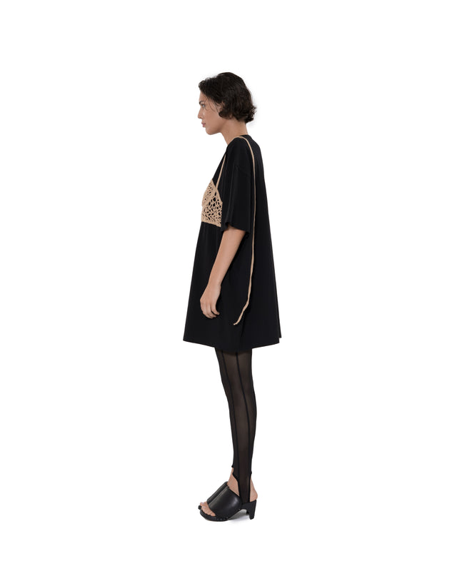 ÉTHER BLACK OVERSIZED TEE WITH CROCHET BRA DETAIL