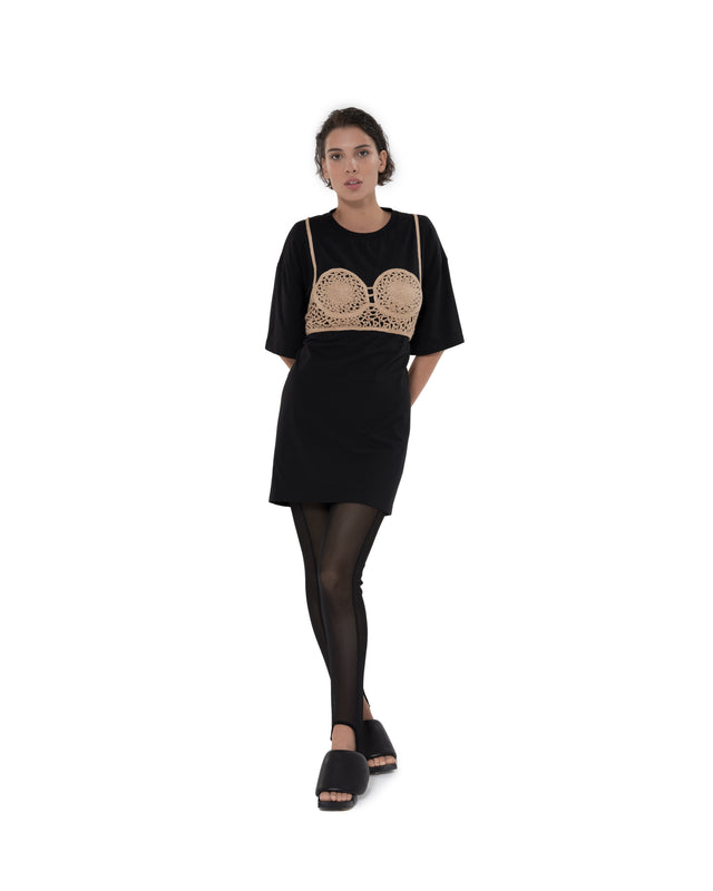 ÉTHER BLACK OVERSIZED TEE WITH CROCHET BRA DETAIL