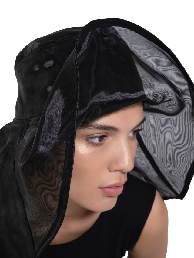ÉTHER WIDE-BRIM EMBROIDERED BLACK ORGANZA HAT