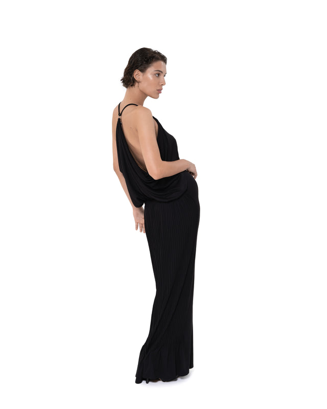 ÉTHER BLACK OFF SHOULDER HOOK CLOSURE DRESS