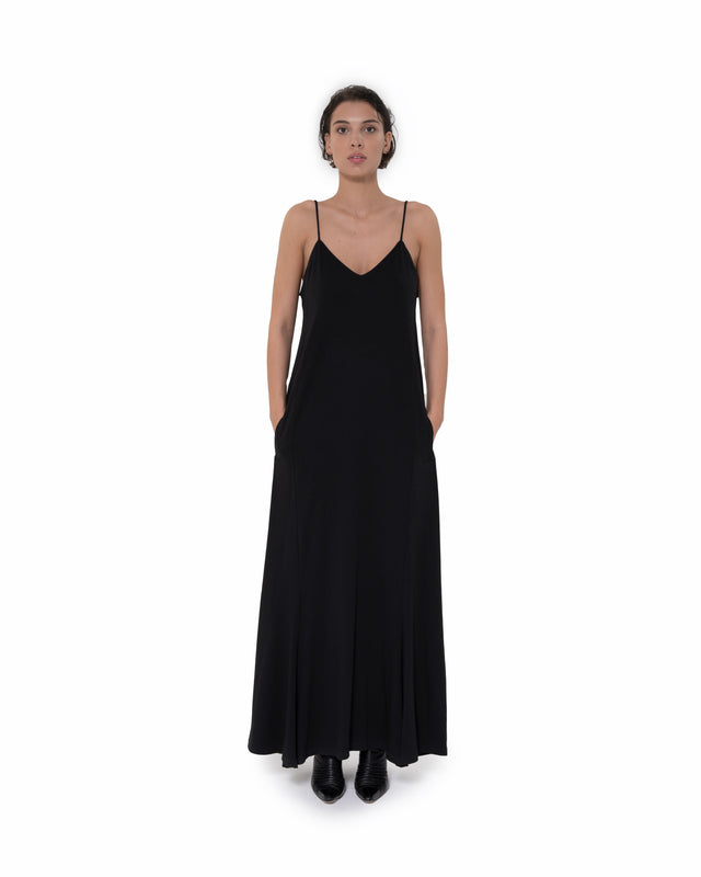 ÉTHER BLACK STRING JERSEY MAXI DRESS