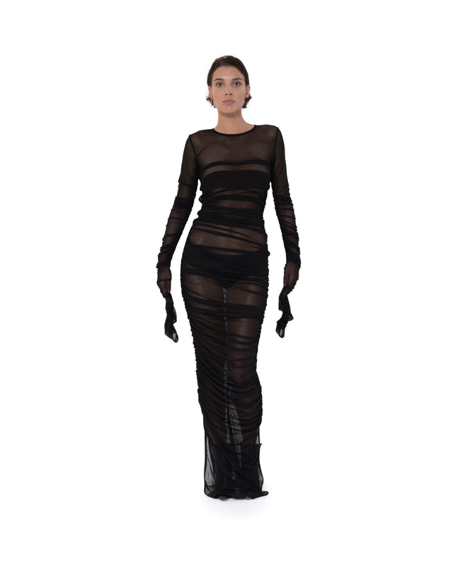 ÉTHER GATHERED SLIM FIT BLACK SHEER DRESS