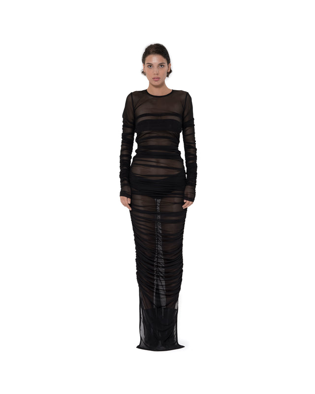 ÉTHER GATHERED SLIM FIT Black SHEER DRESS XS