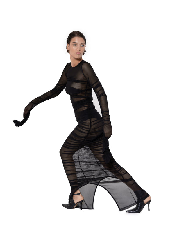 ÉTHER GATHERED SLIM FIT BLACK SHEER DRESS