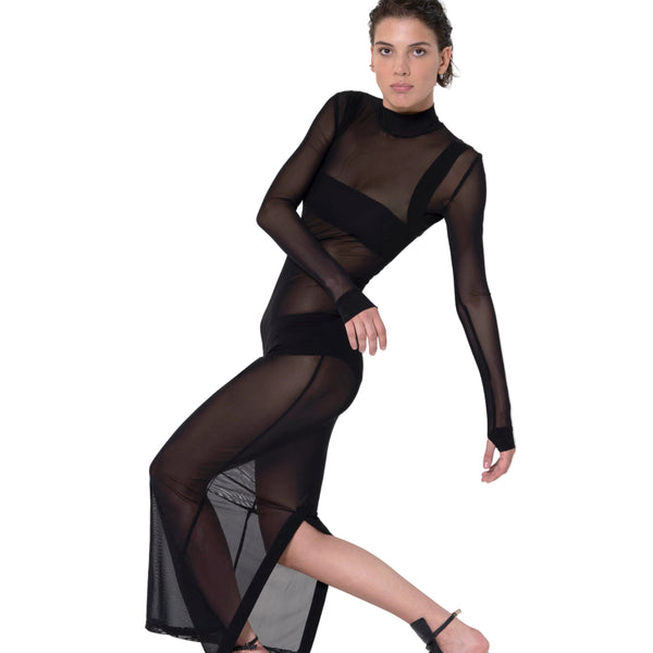 long see through mesh dress ÉTHER SLIM FIT Black SHEER MAXI DRESS L
