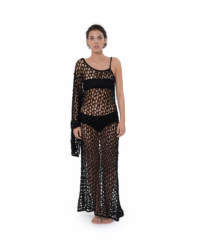 ÉTHER CROCHET BLACK ONE SHOULDER MAXI DRESS