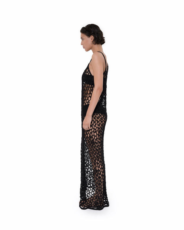 ÉTHER CROCHET BLACK ONE SHOULDER MAXI DRESS
