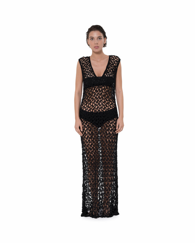 ÉTHER CROCHET BLACK SLEEVLESS MAXI DRESS