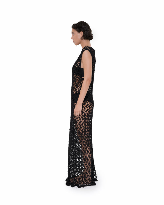 ÉTHER CROCHET BLACK SLEEVLESS MAXI DRESS