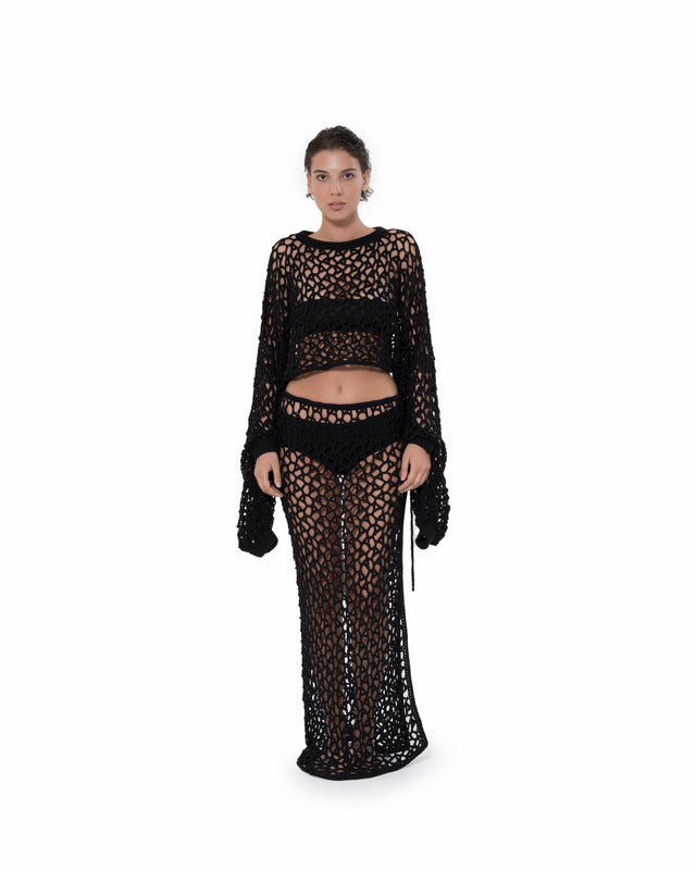 ÉTHER CROCHET BLACK SLIT SKIRT