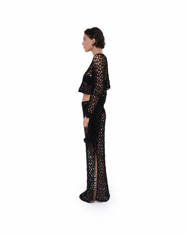 ÉTHER CROCHET BLACK SLIT SKIRT