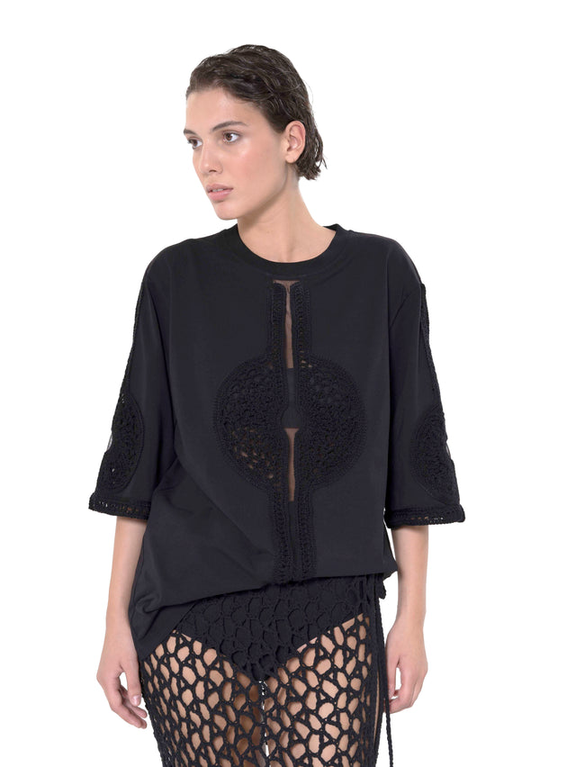 ÉTHER CROCHET-ELEMENT JERSEY BLACK TEE