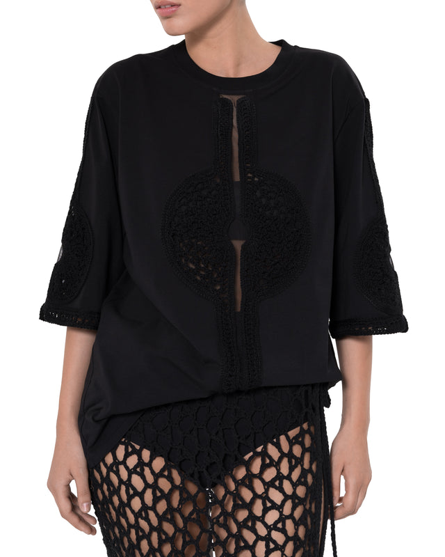 ÉTHER CROCHET-ELEMENT JERSEY BLACK TEE
