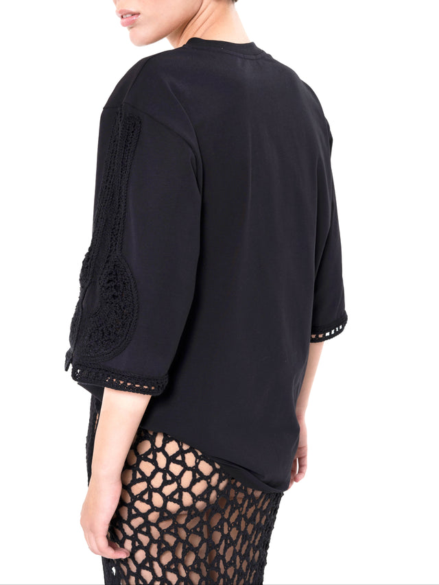 ÉTHER CROCHET-ELEMENT JERSEY BLACK TEE