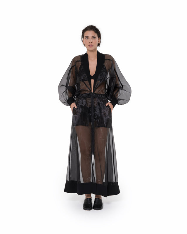 ÉTHER ZIP-UP BLACK ORGANZA WIDE-SHOULDER DRESS