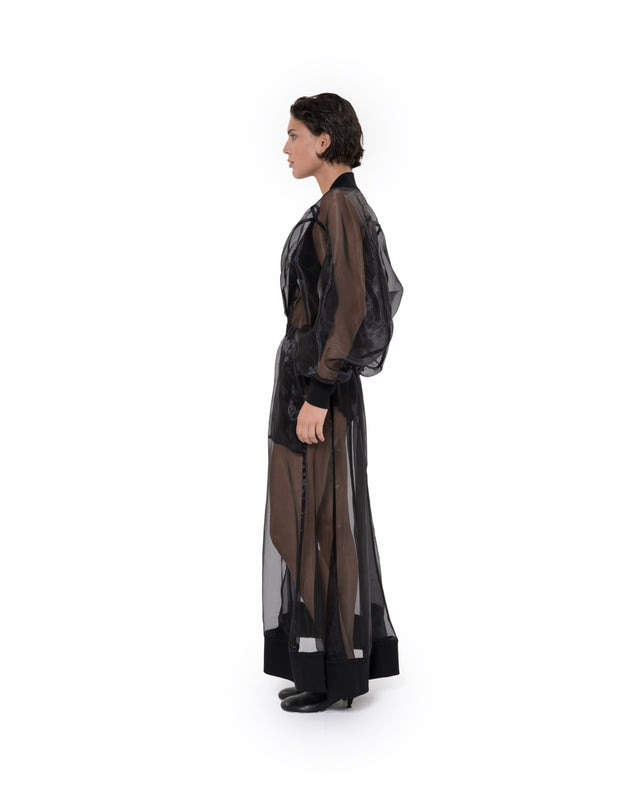 ÉTHER ZIP-UP BLACK ORGANZA WIDE-SHOULDER DRESS