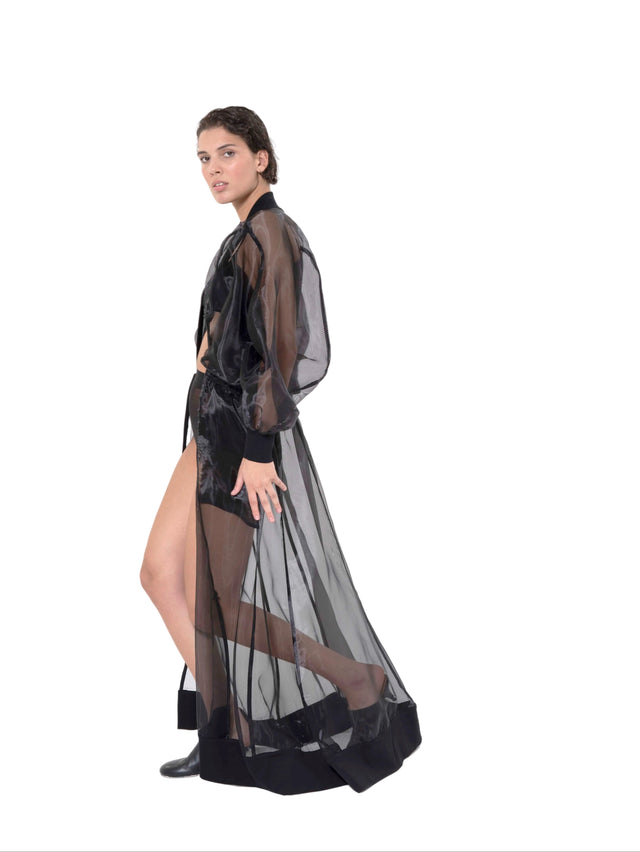 ÉTHER ZIP-UP BLACK ORGANZA WIDE-SHOULDER DRESS