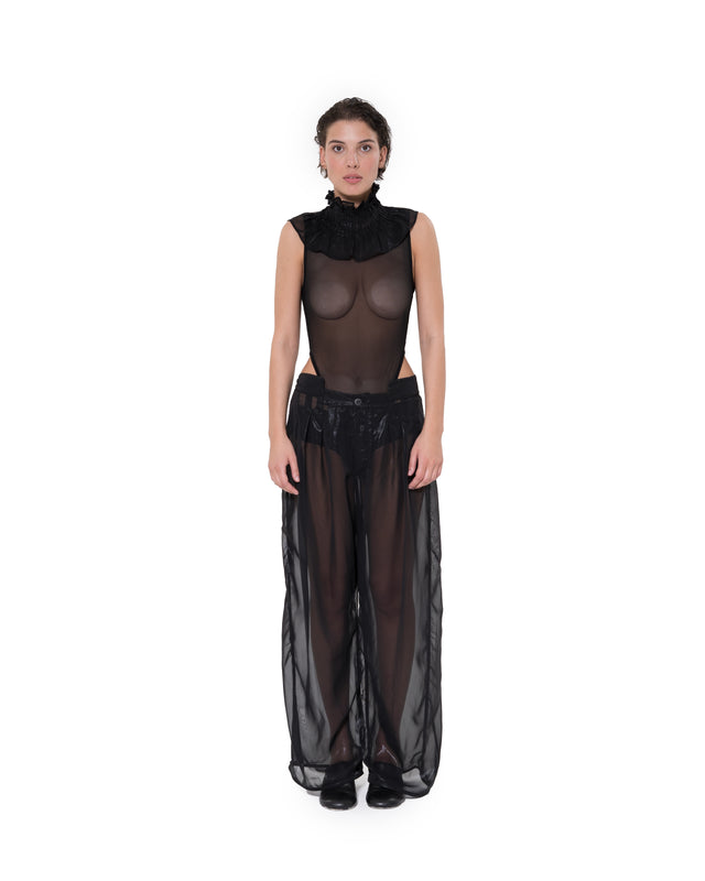 ÉTHER BLACK SILK COATED CHIFFON PLEATED WIDE PANTS