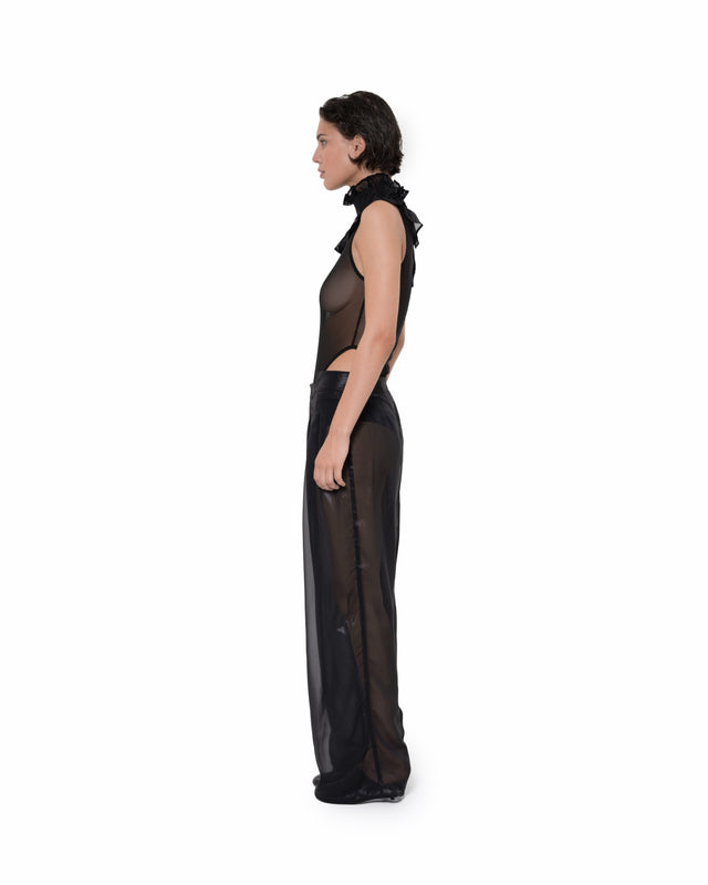 ÉTHER BLACK SILK COATED CHIFFON PLEATED WIDE PANTS