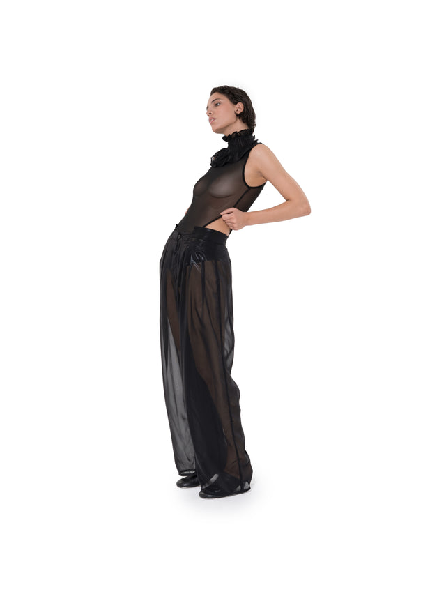 ÉTHER BLACK SILK COATED CHIFFON PLEATED WIDE PANTS