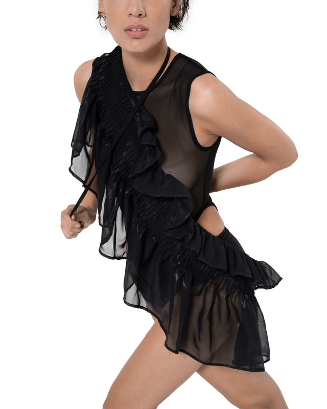 ÉTHER BLACK CHIFFON PLEATED REGAL WAIST BAND