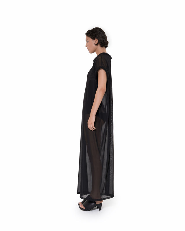ÉTHER BLACK SHEEER PUFFER ELEMENT MAXI DRESS