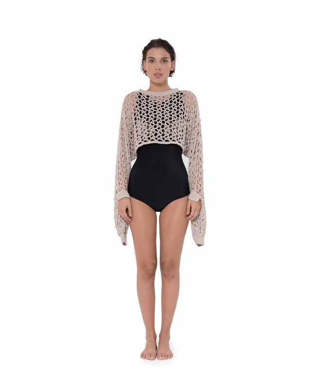 ÉTHER CROCHET BEIGE OPEN WEAVE LONG SLEEVE CROP TOP