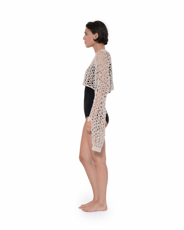 ÉTHER CROCHET BEIGE OPEN WEAVE LONG SLEEVE CROP TOP