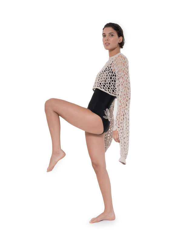 ÉTHER CROCHET BEIGE OPEN WEAVE LONG SLEEVE CROP TOP