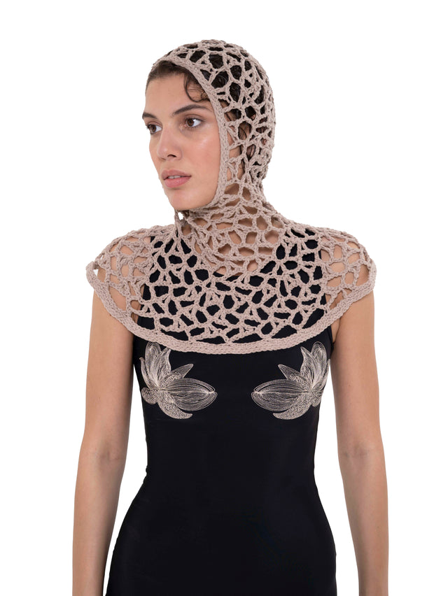 ÉTHER CROCHET BEIGE HOODED SCARF