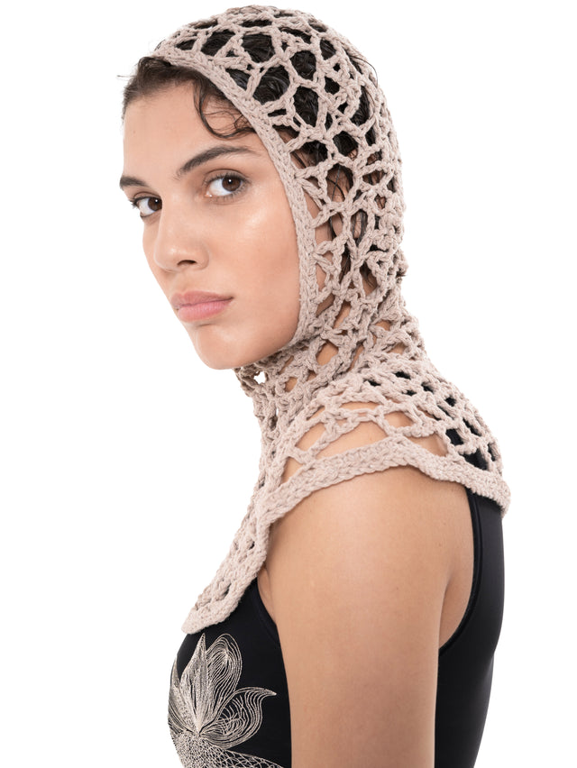 ÉTHER CROCHET BEIGE HOODED SCARF