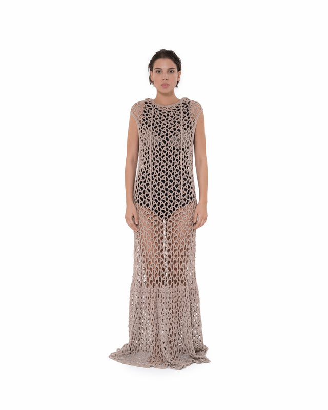ÉTHER CROCHET NUDE HOODED MAXI DRESS