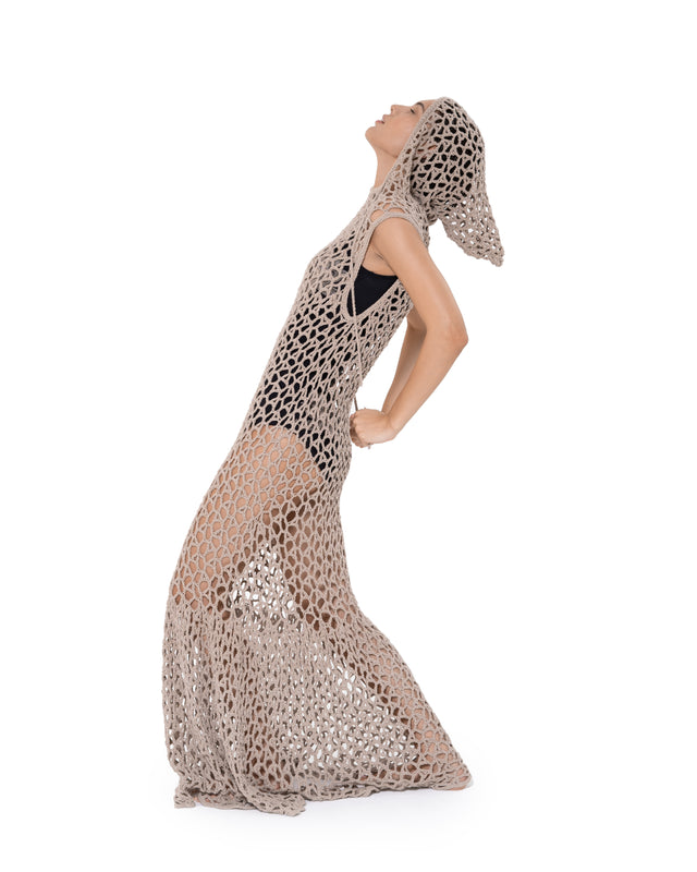 ÉTHER CROCHET NUDE HOODED MAXI DRESS