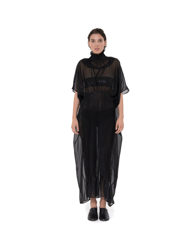 ÉTHER BLACK SILK COATED CHIFFON PLEATED WIDE-SHOULDER MAXI DRESS